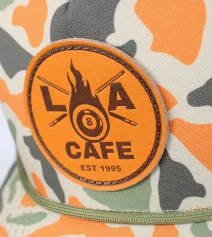 Leather patch sew onto camo hat with rope