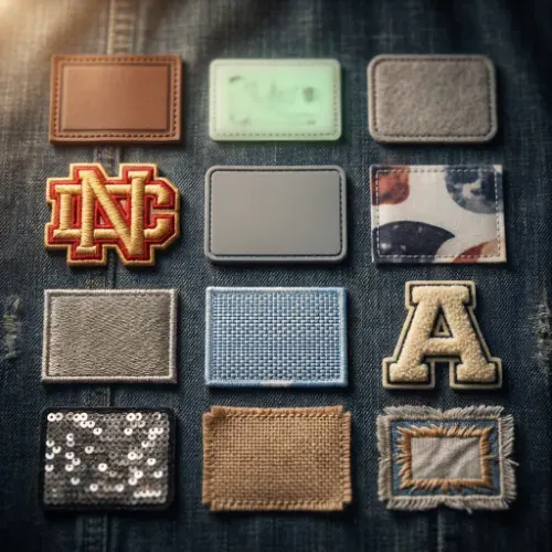 Assortment of different custom patch types and materials laid out together