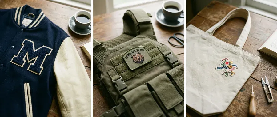 Patches shown on a varsity jacket, tactical gear, and a tote bag