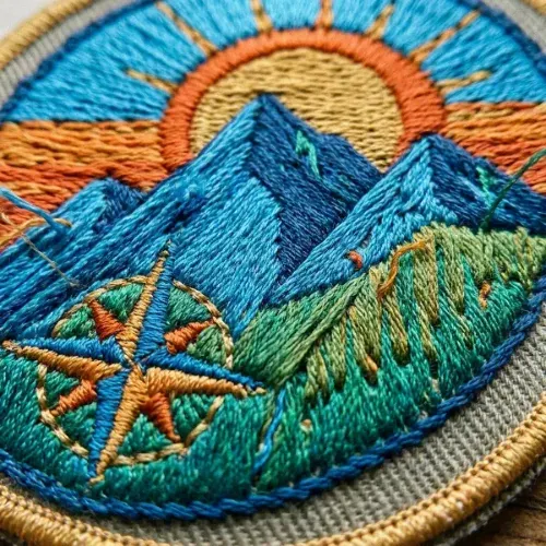 Close up of an embroidered patch showing raised stitched thread texture