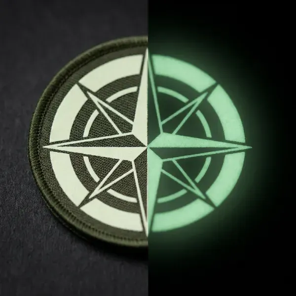 Glow in the dark patch shown lit and glowing in darkness