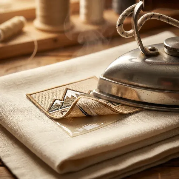 Iron pressing a patch onto fabric showing heat activated adhesive backing