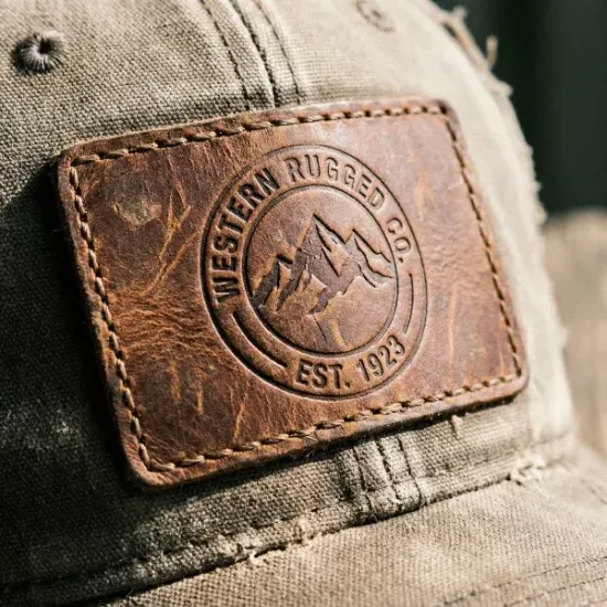 Leather patch with debossed design attached to the front of a hat