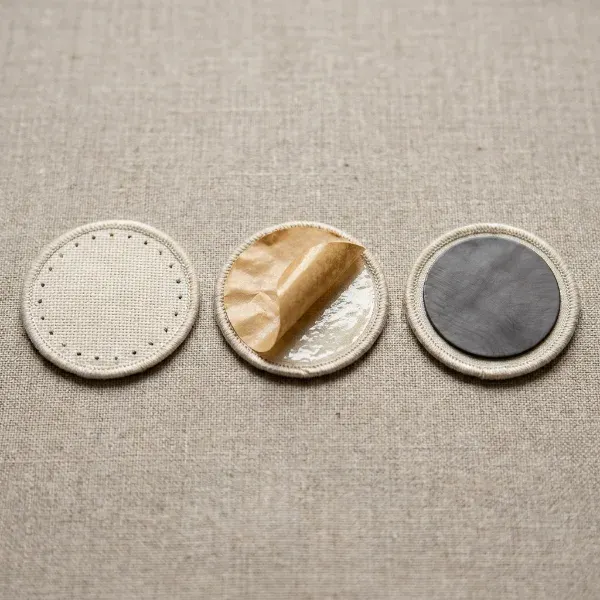 Three patch backing types shown side by side, sew on, adhesive, and magnetic