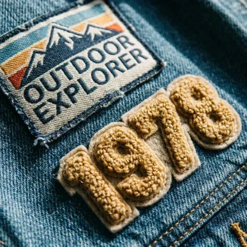 Woven patch with fine detail next to a fuzzy chenille patch