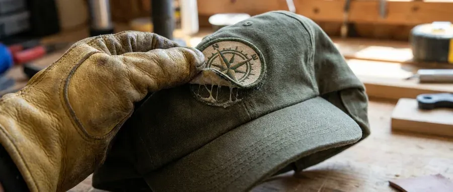 Gloved hand peeling iron-on patch off hat brim