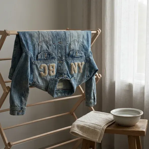 Denim jacket with chenille patches air drying flat on a rack near natural light