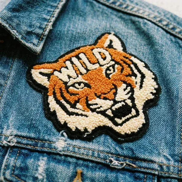 Close-up of a chenille patch showing its raised, plush yarn texture on a denim jacket