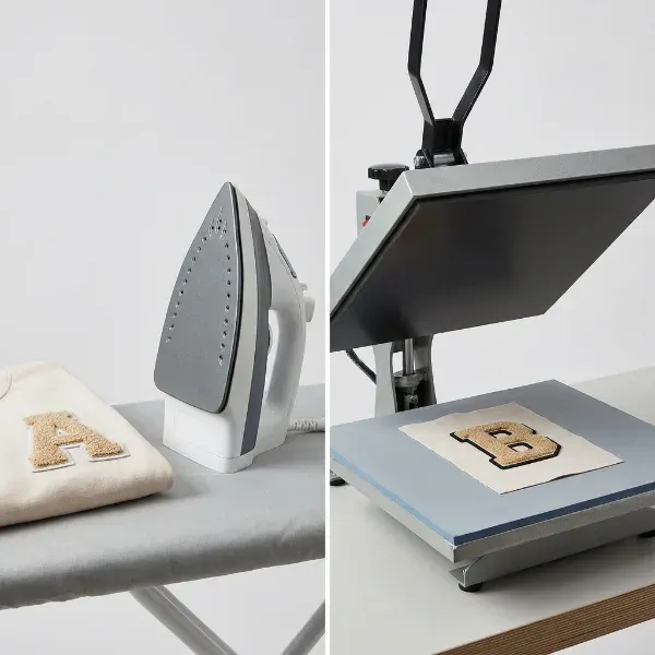 Side by side comparison of a home dry iron and a heat press machine used for applying chenille patches
