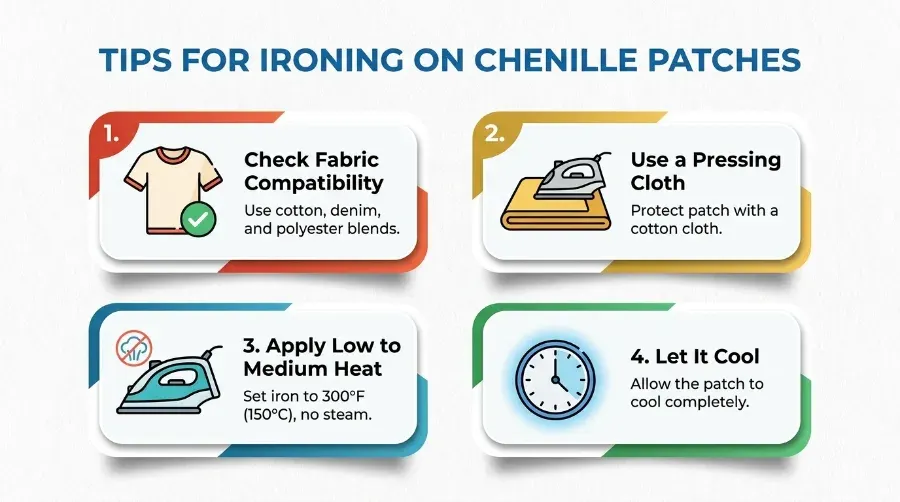  Infographic showing four tips for ironing on chenille patches: check fabric compatibility, use a pressing cloth, apply low to medium heat, and let it cool