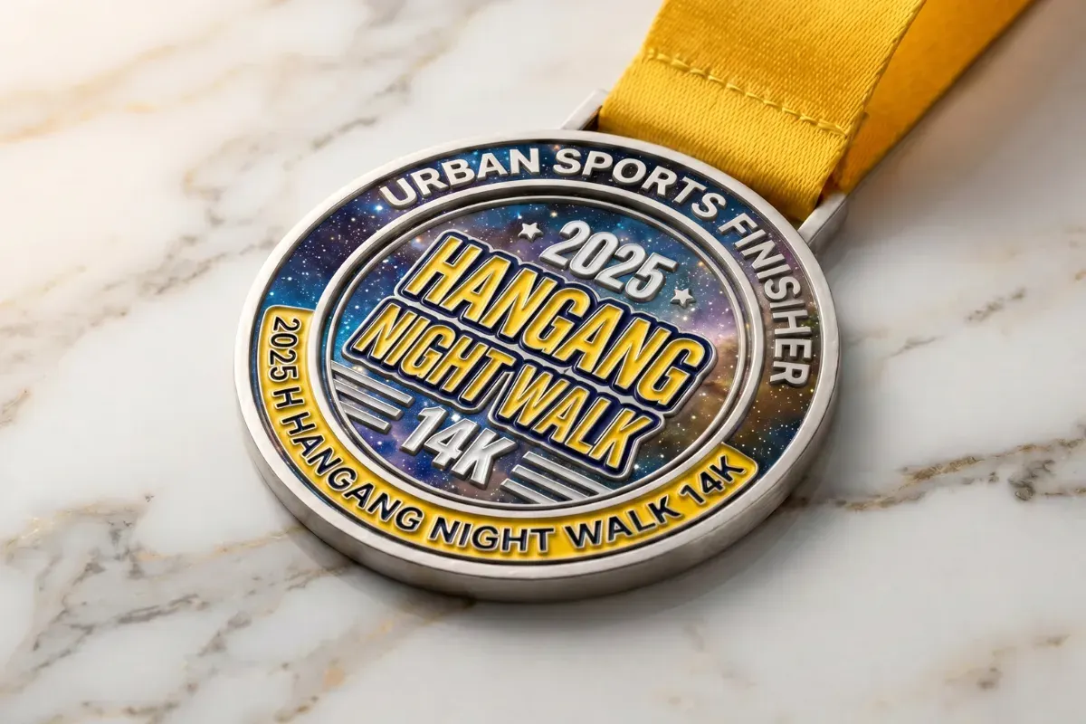 Full color print custom medal with photo-grade artwork, gradients, and detailed sponsor logos