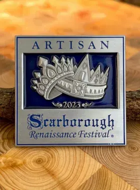 Custom soft enamel collectable lapel pin with blue and silver renaissance festival crown design
