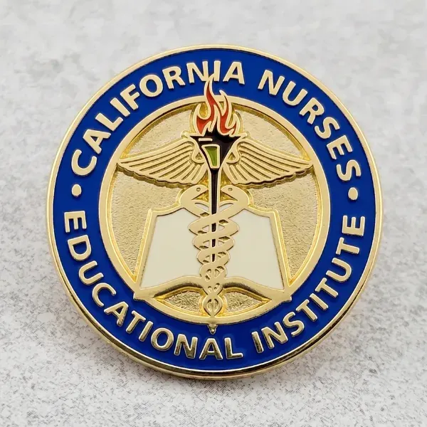 Custom California Nurses Educational Institute nursing pin with torch emblem in gold