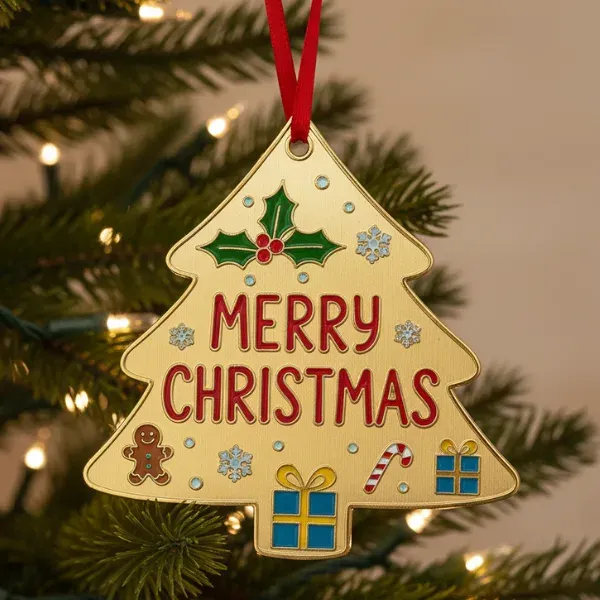 Custom Merry Christmas tree-shaped metal ornament with gingerbread accent