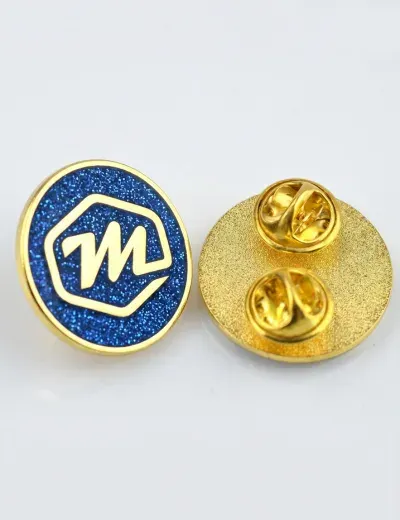 Custom glitter enamel lapel pin with gold plating, front and butterfly clutch back
