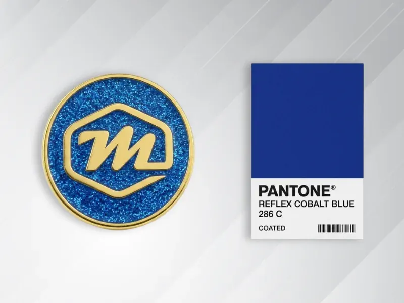 Custom lapel pin shown next to a Pantone color swatch for exact color matching
