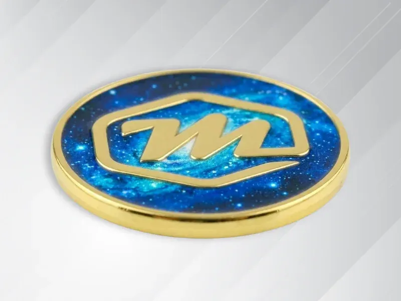 Custom lapel pin shown with full color UV printed finish for gradients and detail