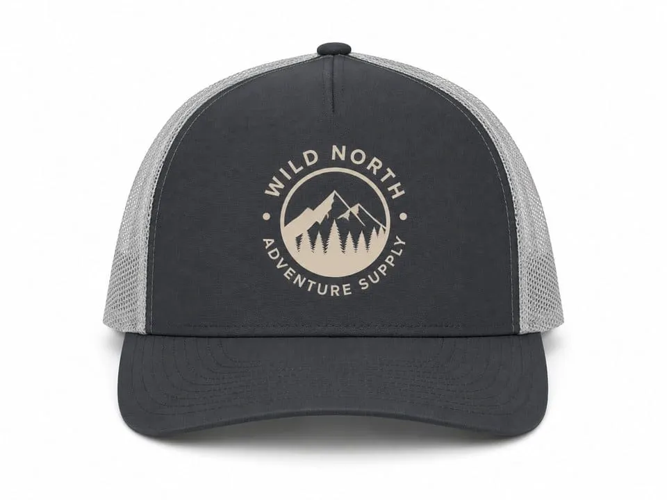Custom trucker hat with Wild North Adventure Supply logo