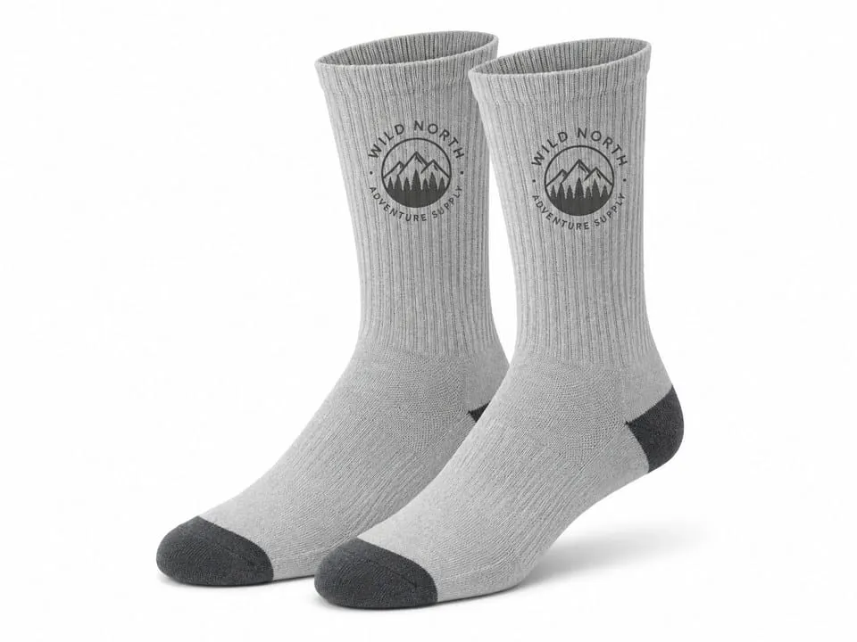 Custom printed crew socks with Wild North Adventure Supply logo