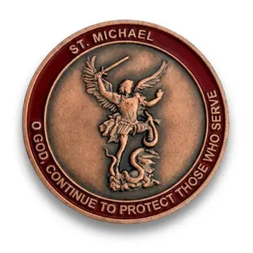 Custom commemorative Saint Michael challenge coin with archangel relief in copper finish