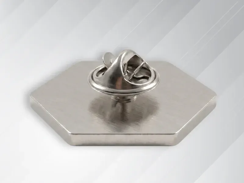Reverse side of custom lapel pin showing standard butterfly clutch attachment