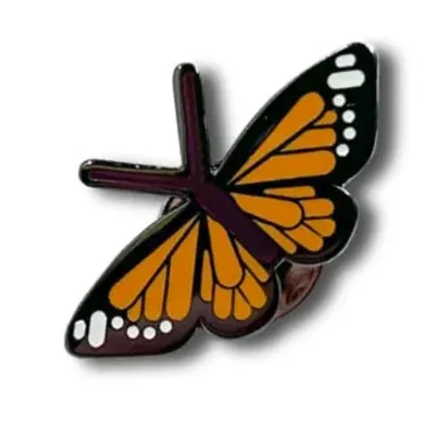 Custom soft enamel lapel pin shaped like a monarch butterfly with orange and black wings
