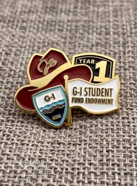 Custom soft enamel school spirit lapel pin with student fund endowment crest and Year 1 banner