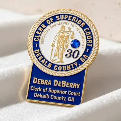 Custom soft enamel 30-year service award lapel pin with backer card for county government