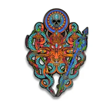 Custom enamel lapel pin with detailed peacock feather design in vibrant colors
