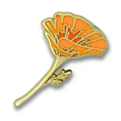 Custom soft enamel lapel pin shaped like a vibrant orange poppy flower