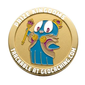 Custom geocaching geocoin with cartoon mascot character design for trackable cache