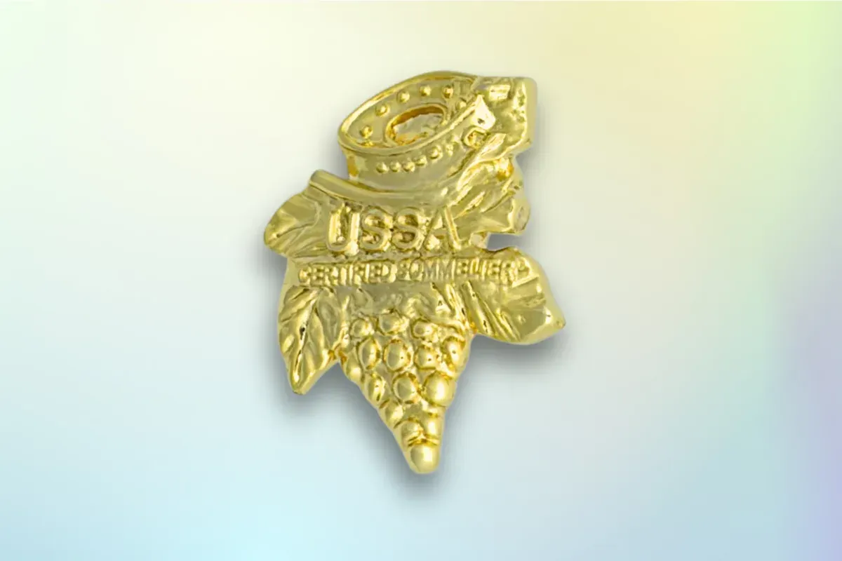 Custom die-struck lapel pin in bright gold plating with brotherhood emblem and detailed relief