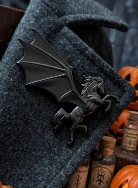 Custom 3D black metal lapel pin shaped like a flying pegasus with halloween theme styling