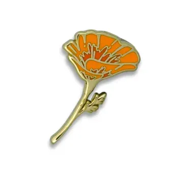 Custom hard enamel California poppy flower lapel pin in orange and gold finish