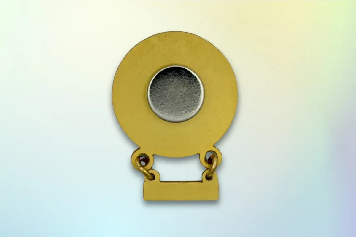 Custom magnetic back lapel pin in gold finish that attaches without damaging fabric