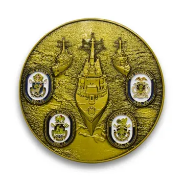 Custom Navy challenge coin in gold with fleet ships and naval insignia