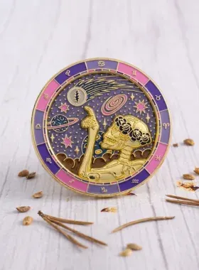 Custom soft enamel band merch lapel pin with pink and purple celestial zodiac design
