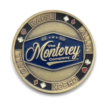 Custom poker card protector with Monterey Company logo in antique bronze finish