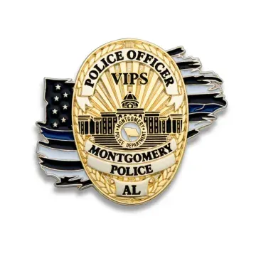 Custom Montgomery Police VIPS officer lapel pin in gold with badge design
