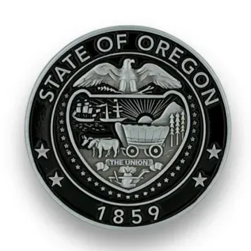Custom State of Oregon challenge coin with state seal in black nickel finish