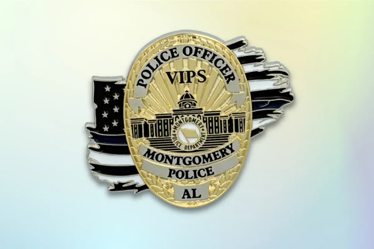 Custom soft enamel police department badge lapel pin with tattered American flag accent