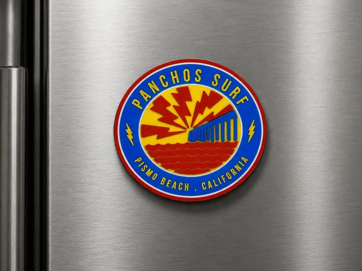 Custom PVC fridge magnet on stainless steel refrigerator