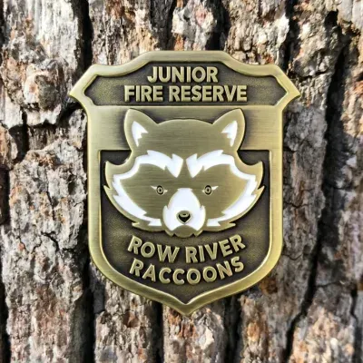 Custom die-struck junior fire reserve lapel pin in antique bronze with raccoon mascot