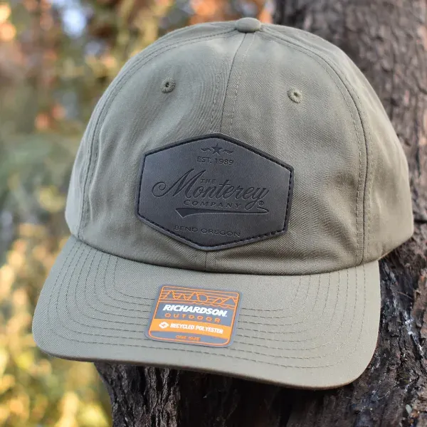 Custom Richardson hat in sage green with embossed leather Monterey patch