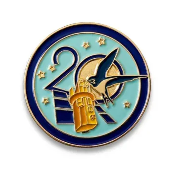 Custom soft enamel anniversary lapel pin with rocket design celebrating 20 years