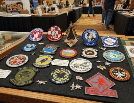 laid out custom patches on table and tradeshow