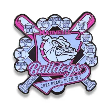 Custom Bulldogs baseball trading pin with grand slam design and hanging danglers