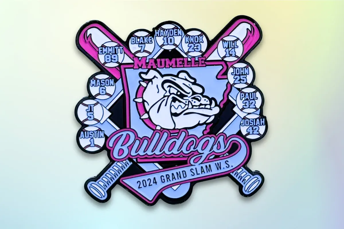 Custom soft enamel sports trading lapel pin with bulldog mascot and player name danglers