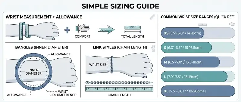 Bracelet sizing infographic showing wrist measurement plus comfort allowance, with separate diagrams for link chain length and bangle inner diameter measurements