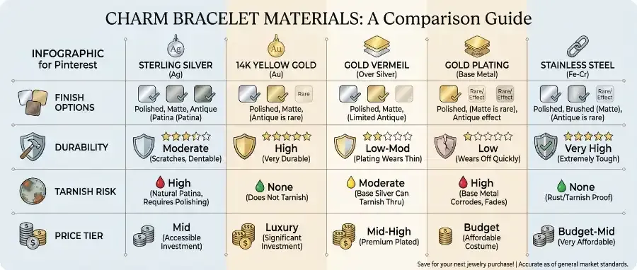 Charm bracelet materials comparison chart showing sterling silver, 14K yellow gold, gold vermeil, gold plating, and stainless steel with finish options and durability ratings